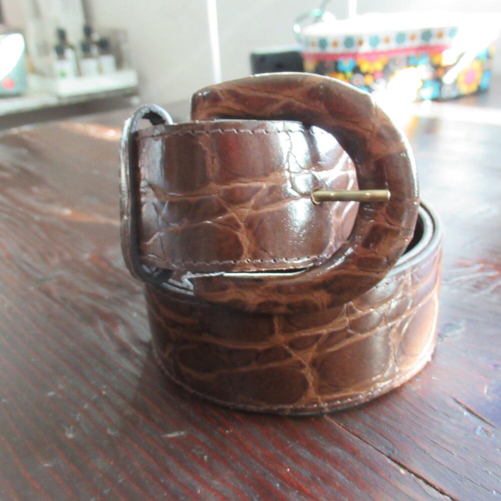 Vtg Astor Waist Belt Women 10 Brown Croc Embossed Faux Leather Covered Buckle